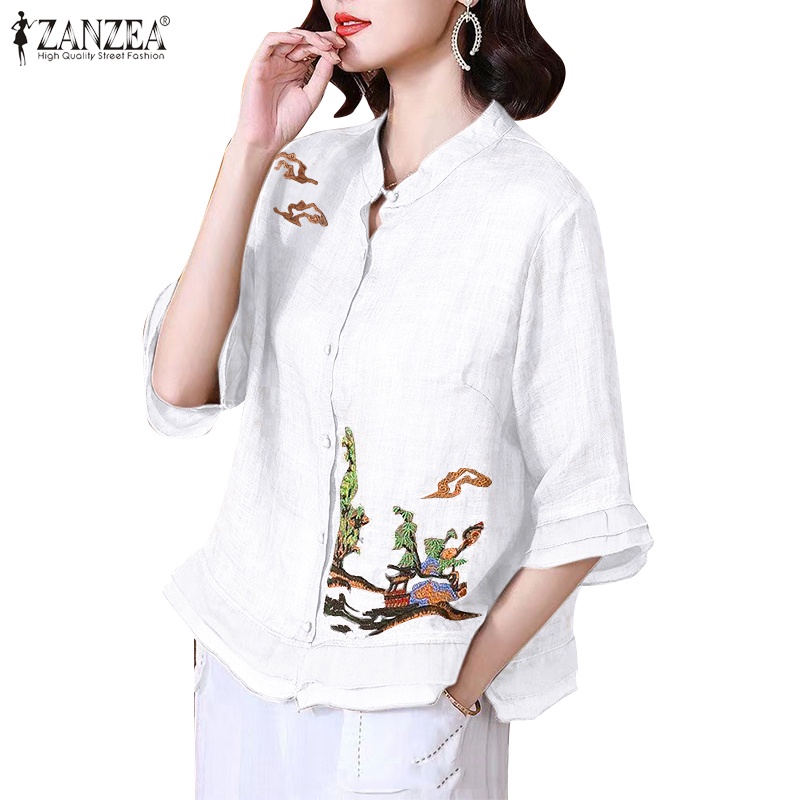 Zanzea 女式韓版立領 3/4 袖木耳荷葉邊刺繡襯衫