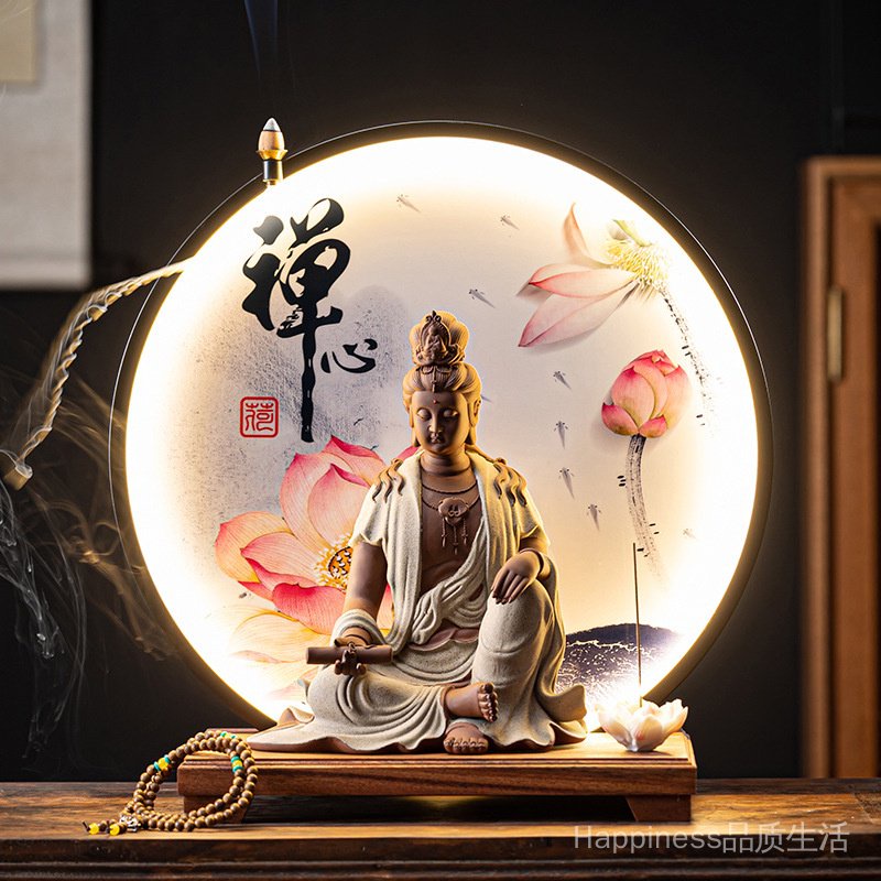 ✨24小時出貨✨中式陶瓷人物持經自在觀音菩薩佛像擺件家居客廳玄關桌面裝飾燈圈