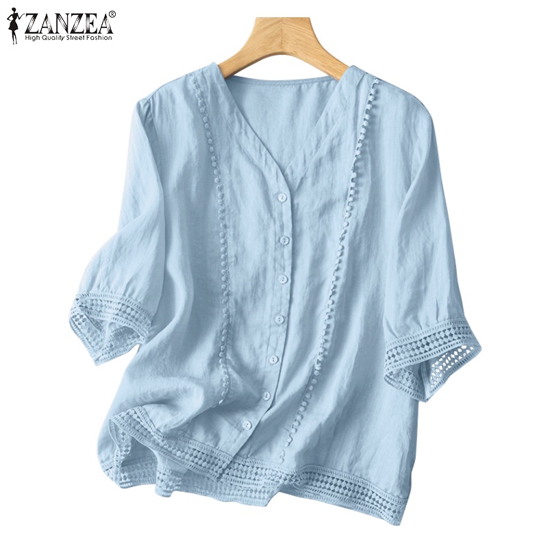 Zanzea 女式棉麻蕾絲拼接四分之三袖 V 領襯衫