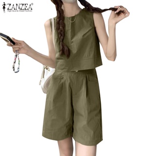 Zanzea 女式韓版無袖圓領上衣闊腿短褲純色套裝