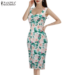 Zanzea 女式韓版時尚無袖花卉印花護腰連衣裙