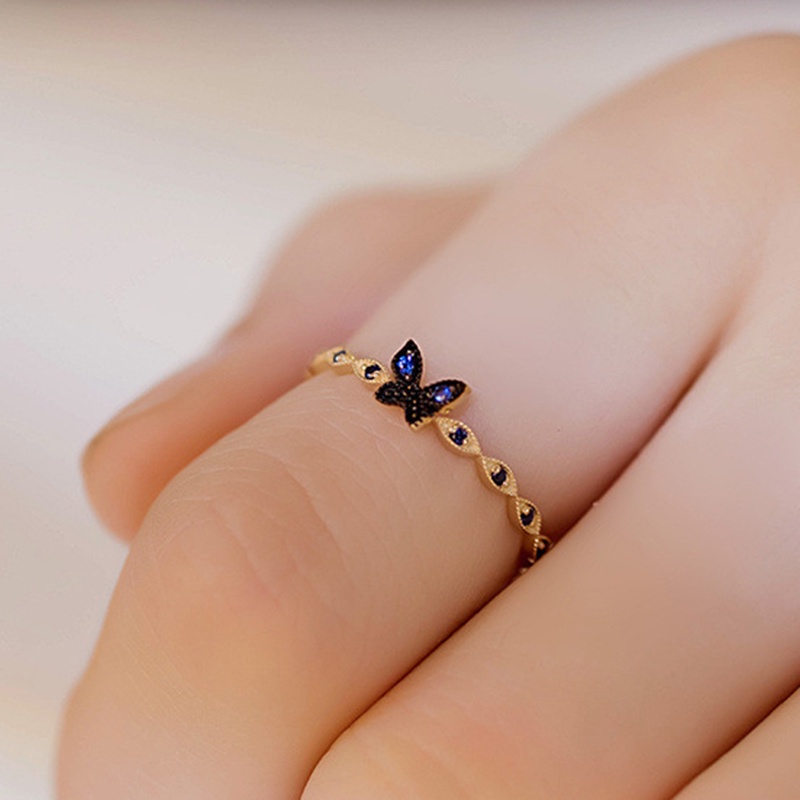 優雅女士金色蝴蝶藍色鋯石水晶鈦鋼結婚戒指時尚配飾