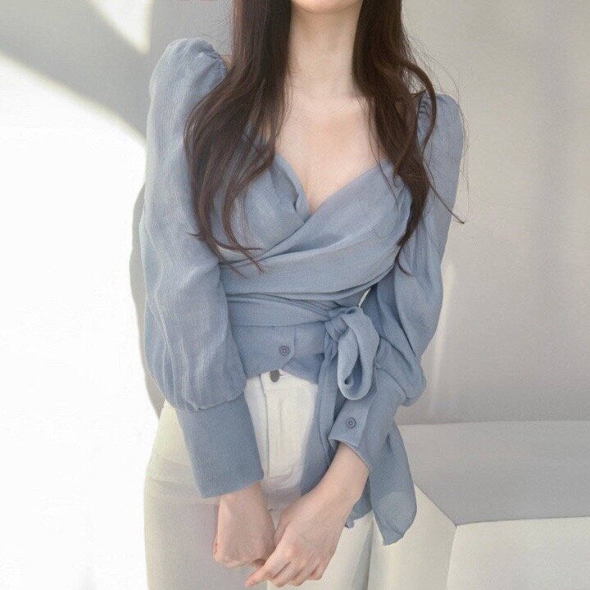 韓系女版緊身顯瘦褶皺V領抽繩束腰長袖襯衫