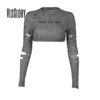 Vesglory 女士短款上衣 2023 時尚撞色印花長袖圓領鏤空修身 T 恤