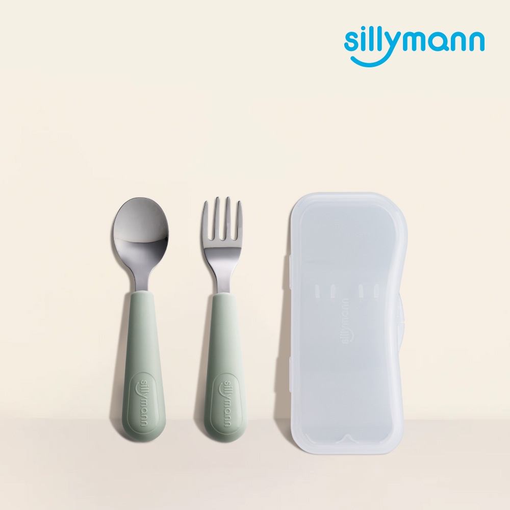 【韓國sillymann】100%鉑金矽膠不鏽鋼幼童湯匙叉子餐具組（奶油綠）