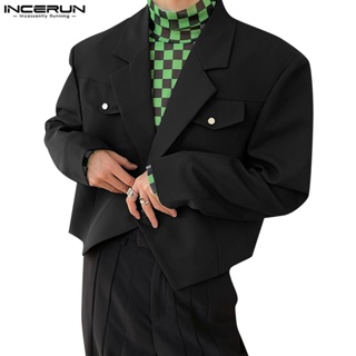 Incerun 男士韓版純色口袋長袖休閒罩衫鏤空西裝外套