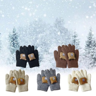 卡通熊兒童手套手指手套冬季保暖手套舒適手套適合 3-7 歲幼兒