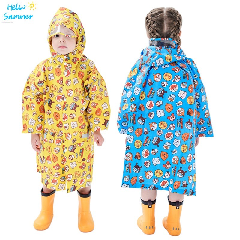 熱銷 輕薄 速乾 兒童雨衣套裝 男女寶寶幼兒卡通麵包超人 黑超奶嘴雨衣 帶書包位 長款反光雨披 現貨