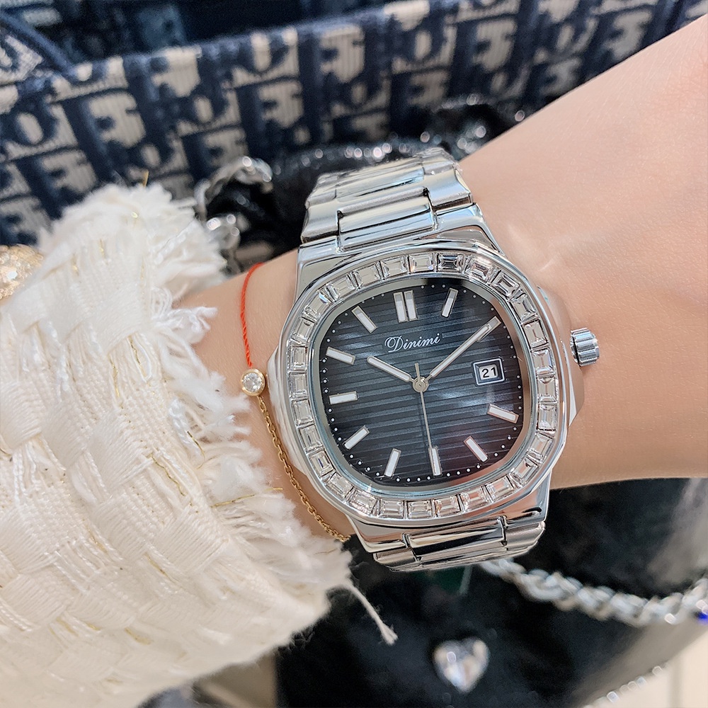 DIMINI  77055 時尚 復古 鑲鑽 氣質 大表盤 鋼帶女士休閒日曆 女士手錶(送精美表盒）