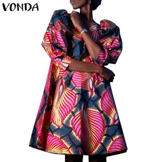 Vonda 女士復古時尚 V 領短泡泡袖 A 型印花寬鬆短連衣裙
