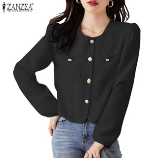 Zanzea 女式韓版時尚圓領長袖鈕扣貼袋夾克