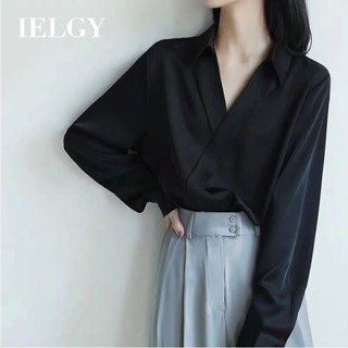 Ielgy 女士雪紡黑色寬鬆修身 V 領襯衫