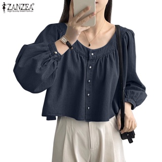 Zanzea 女式韓版泡泡長袖鈕扣袖口圓領牛仔襯衫