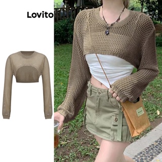 Lovito 女士休閒素色透明毛衣 L58AD055 (咖啡/杏色)