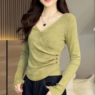 小麥🎀+ 2025早春新款時尚扎染V領長袖T恤打底衫女春秋冬季修身顯瘦大碼內搭法式上衣女