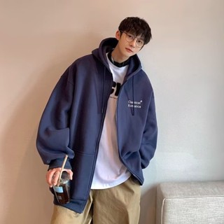 【HOT 本舖】男裝 美式潮牌慵懶刺繡連帽開衫加絨衛衣男 潮流寬鬆學生休閒運動外套