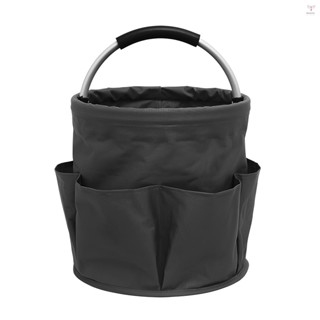 Toyutw)花園手提袋帶 6 個口袋重型 600D 牛津布園藝工具收納袋 17L 可折疊收穫籃可站立防水野餐購物袋帶
