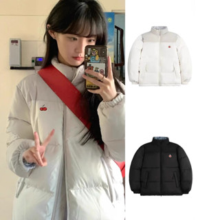 半隻桃~韓國 小櫻桃 羽絨服 雙面款 羊羔絨 立領 連帽 保暖外套 羽絨外套 小櫻桃 翻領拼接 寬鬆 張元英同款