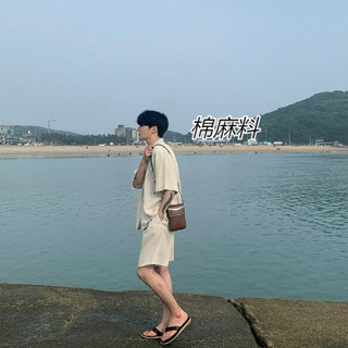 麻布夏季男裝亞麻短袖襯衫套裝寬鬆休閒棉麻襯衫