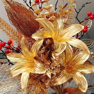🔥暢銷🔥婚慶金色百合假花仿真花發財冬青尤加利福桶插花新年裝飾擺件