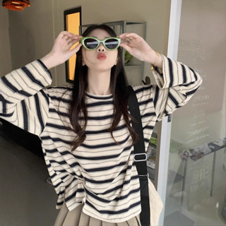 臺灣免運出貨 # 圓領條紋長袖t恤女韓版 秋季新款設計感寬鬆顯瘦休閒學生開叉上衣