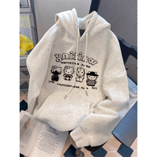 Hello Kitty 極簡設計創意印花寬鬆女式連帽衛衣秋季休閒時尚情侶長袖上衣
