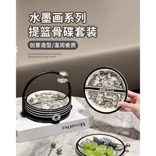 中式水墨畫碟子套裝高檔陶瓷收納架小吃碟 甜點蛋糕盤 高顏值吐骨碟 陶瓷盤 盤子 6吋盤 碗盤 小菜盤 點心盤 蛋糕盤
