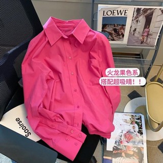 💖臺灣出貨💖 玫紅色襯衫女 2025春季新款長袖襯衫 設計感小眾高階亮色襯衫 小個子休閒寬鬆百搭長袖襯衣 開春小衫