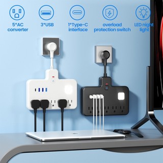 台灣專用0.08米超短延長線USB/Type-C 壁掛 擴充插座 超短分接器 美國加拿大插線板排插 一轉三 帶LED燈
