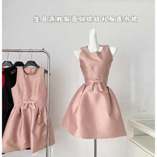 YIFENZI 洋裝✨3色MummyCat下蛋喵貝微微古早聖誕生日派禮裙 對緞面蝴蝶結禮服連衣裙 圓領小個子洋裝 千金裝