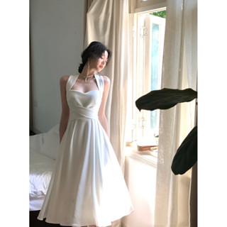 【❤️少量臺灣現貨】法式 溫柔風 白色洋裝 生日洋裝 從一 交叉綁帶禮服 高階設計感 小眾掛脖連