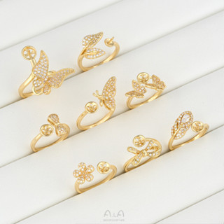 宏雲Hongyun-Ala新品-14K包金保色微鑲鋯石小花樹葉蝴蝶珠託戒指diy手工粘珍珠手作配件