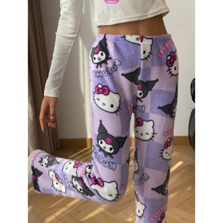 Hello Kitty 庫洛米可愛秋冬毛絨褲 降溫必備 凱蒂貓圖案秋冬暖暖褲 法蘭絨睡褲 休閒褲 彈力褲 凱蒂貓睡褲