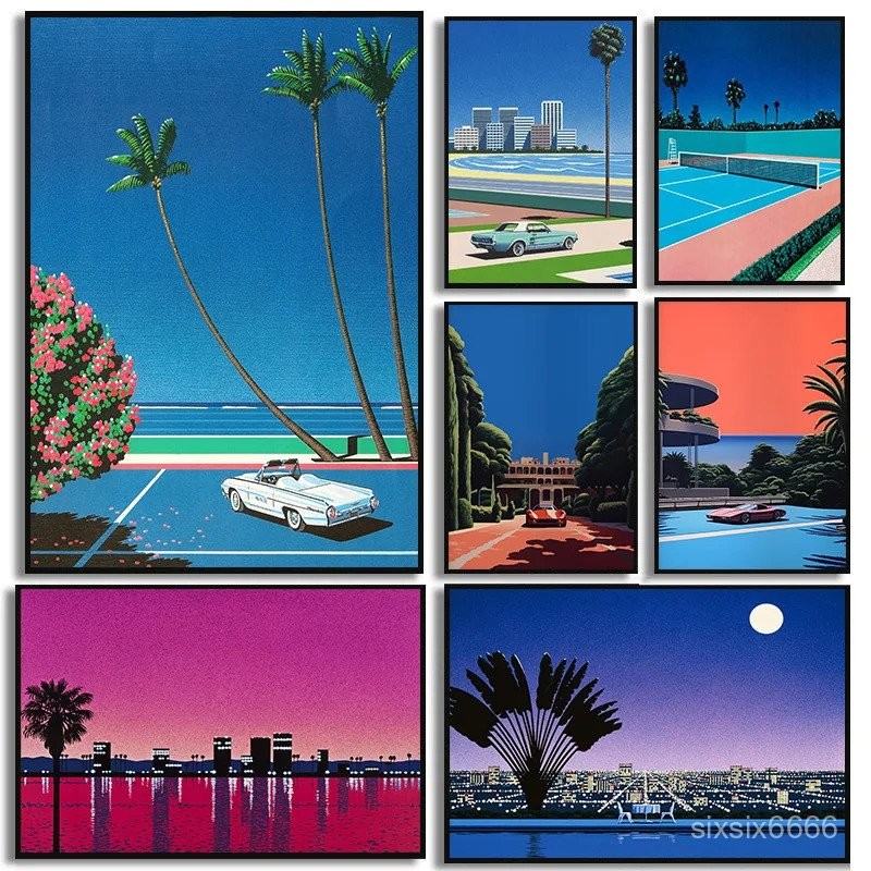 複古Hiroshi Nagai Vaporwave日本熱帶海灘城市汽車海報墻藝術圖片帆布繪畵北歐房間家居裝飾