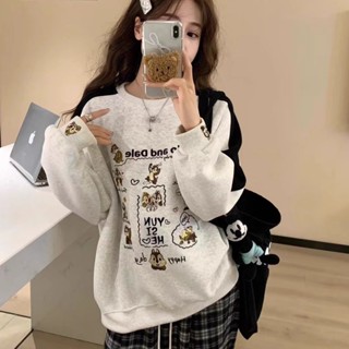【 𝑭𝒍𝒐𝒘𝒆𝒓𝒔𝒆𝒂】韓版 重工卡通刺繡 刷毛大學T 圓領長袖大學T 衛衣女 寬鬆 百搭上衣
