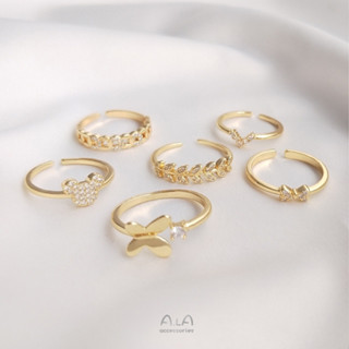 宏雲Hongyun-Ala新品-保色14K包金鑲嵌鋯石蝴蝶結樹葉戒指時尚輕奢高級感網紅潮開口戒