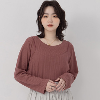 【PolyLulu】 MISS.韓系質感坑條圓領假兩件長袖上衣 中大尺碼上衣 莓果棕色