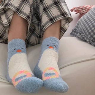 臺灣出貨 批發價 2025 蛇年 新款 5雙可愛動物鴨子珊瑚絨襪子女ins風鼕天居傢睡眠襪加厚保暖毛絨襪