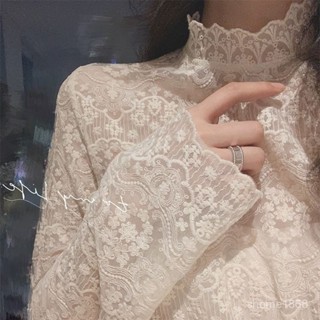 新店特價🉐蕾絲打底衫女2024春秋新款小衫高領洋氣內搭鏤空別緻薄款網紗上衣 JVR0