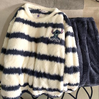保暖珊瑚絨睡衣法蘭絨睡衣男家居服套裝[S106]網紅史迪仔條紋情侶睡衣女秋冬季珊瑚絨加絨加厚法蘭絨男款家居服