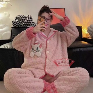 瑪麗貓卡通睡衣 保暖女士長袍 外穿加絨加厚睡衣 珊瑚絨睡衣 可愛休閒睡衣 冬天睡衣 女睡衣 大尺碼睡衣 寬大睡衣 居家服