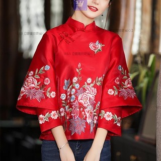 W&S家 ⚡中國風服飾 唐裝上衣 漢服上衣 改良版旗袍上衣 盤扣 復古 繡花 短版 改良版旗袍上衣 紅色漢服上衣 傳統服