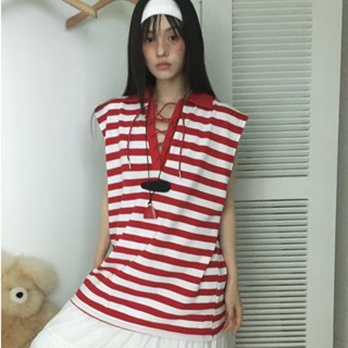 Baby girl 韓國chic背心女時尚百搭條紋無袖翻領氣質上衣