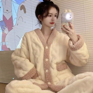 【奶芙】現貨珊瑚絨睡衣女冬天韓國ins簡約V領小外套法蘭絨刷毛加厚家居服可外穿睡衣套裝