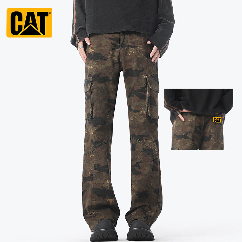 Caterpillar 秋冬新款美式高街微喇迷彩牛仔褲男cleanfit痞帥工裝褲