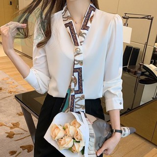 2024春秋新款設計感小眾V領白色襯衣長袖上衣氣質領帶職業襯衫女內搭襯衣 保暖襯衫女 加厚襯衫女 秋冬長袖襯衫【韓衣秀】