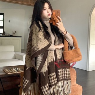 臺灣出貨🚚新款美拉德時尚春秋披肩毛毯流蘇針織格子開衫斗篷披風外套圍巾 防寒披肩 保暖披肩 加厚斗篷 冬天罩衫 披風外套