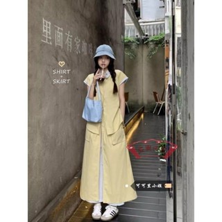 日系文藝🎏小眾設計感條紋拼接polo領短袖襯衫高腰半身裙女夏季新款時尚套裝 日風洋裝 顯瘦 顯高 女裙
