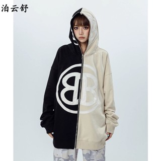 blokette穿搭💜美式拼接撞色不規則連帽衛衣外套女秋季新款韓版開衫設計上衣 復古學院風長袖 女上衣 寬鬆上衣