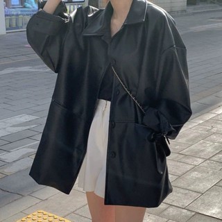 韓國秋季新款帥氣翻領單排扣皮衣大碼外套女寬鬆百搭仿皮夾克上衣